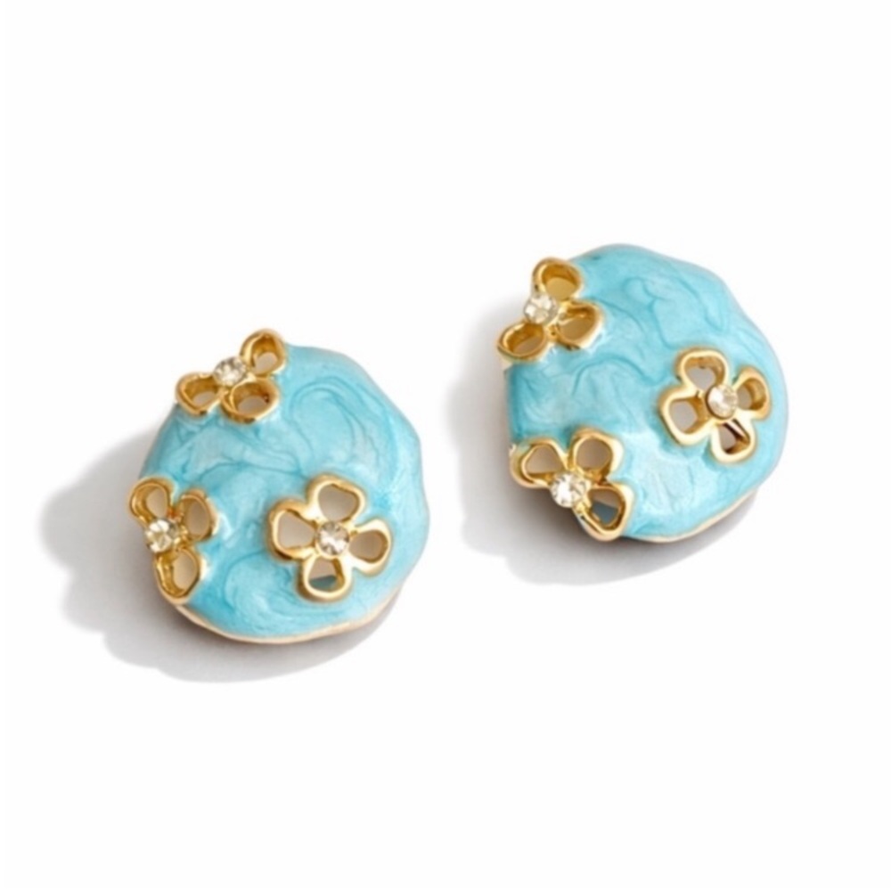 New! Blue Hand Painted Flower Post Earrings